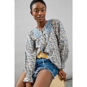 Othilia Anthro Laura Blue Floral Long Sleeve Peasant Blouse Boho Cottage Women M